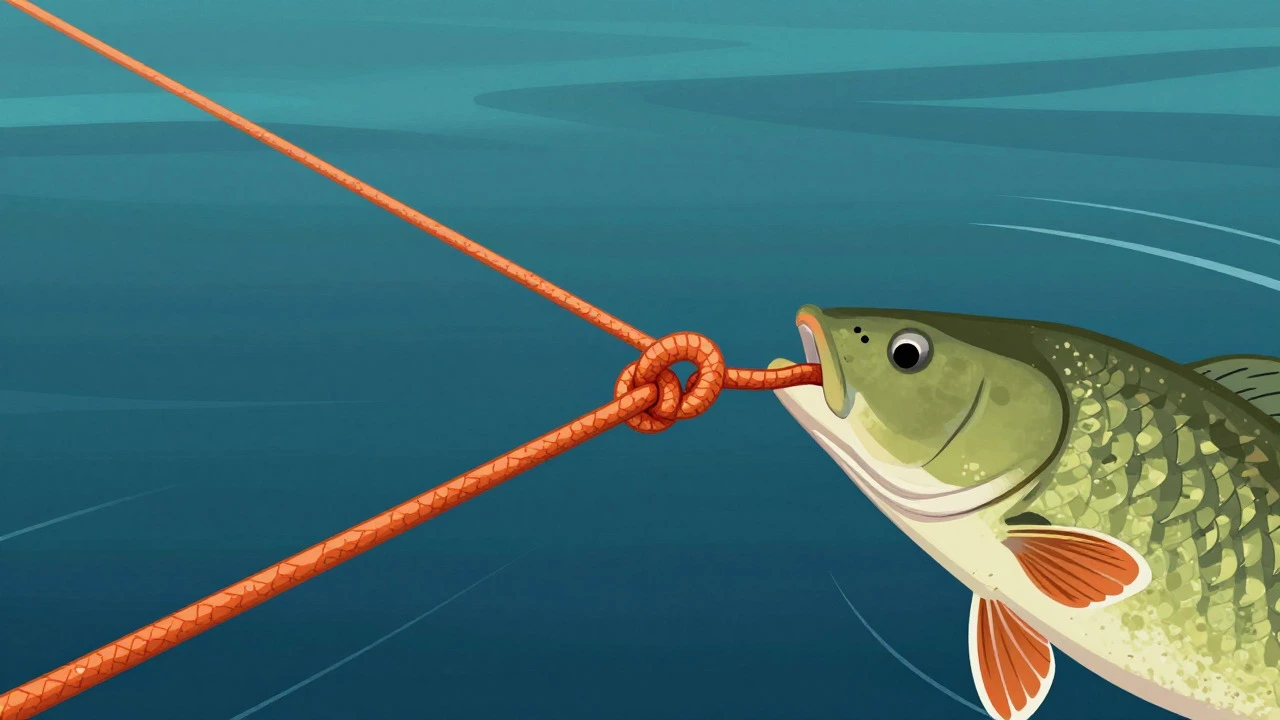 Illustration of a fish pulling hard on a strong, unbroken fishing line knot