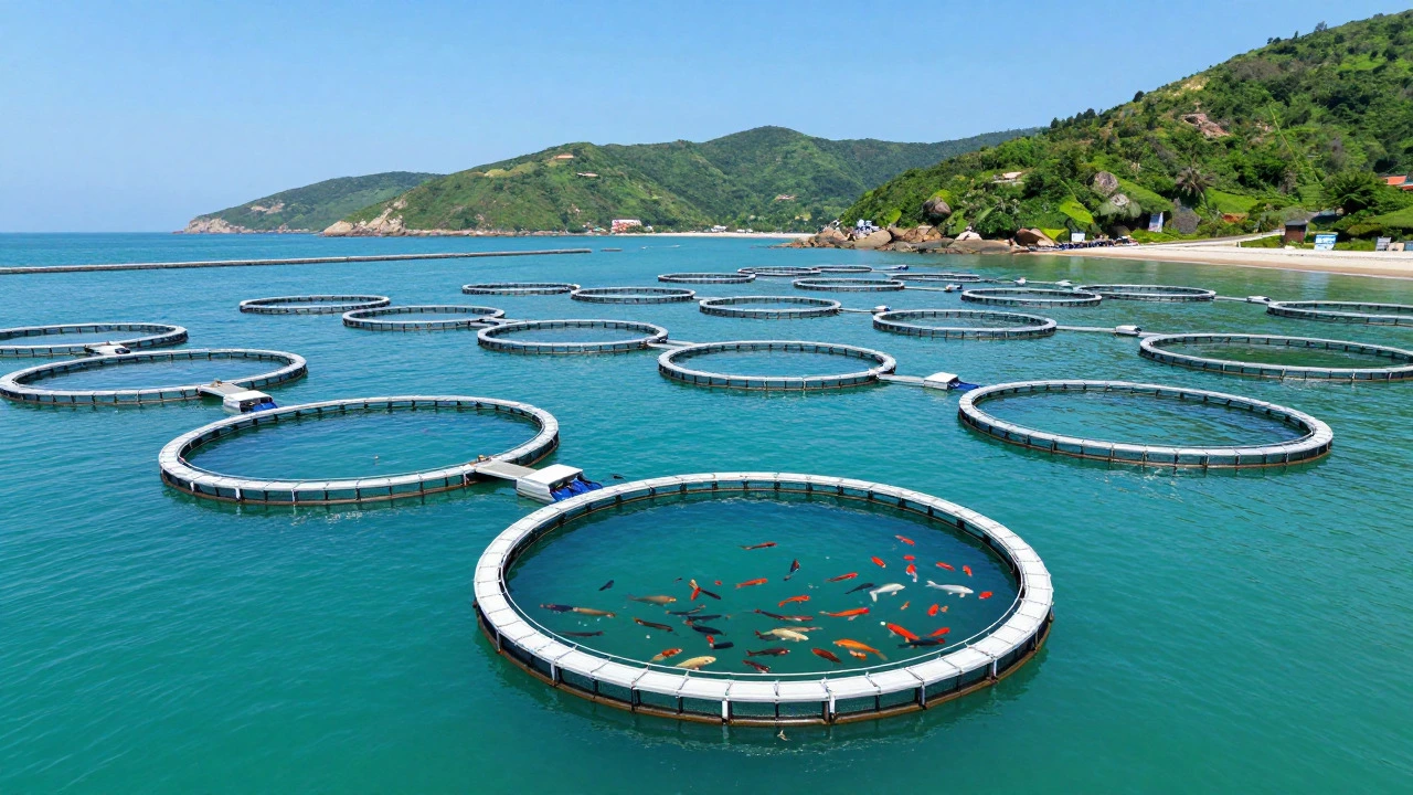 Rows of circular aquaculture pens with swimming fish in a coastal lagoon