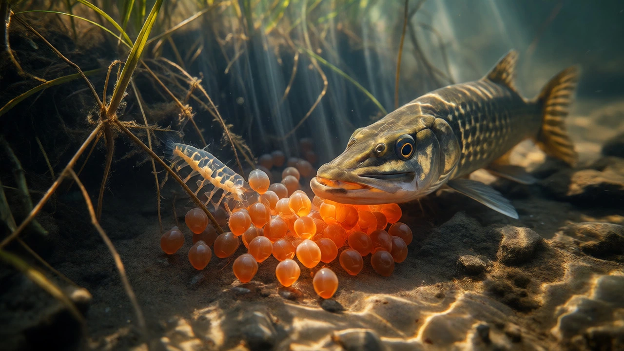 Подводная съемка нереста рыбы: икра и мальки среди водорослей